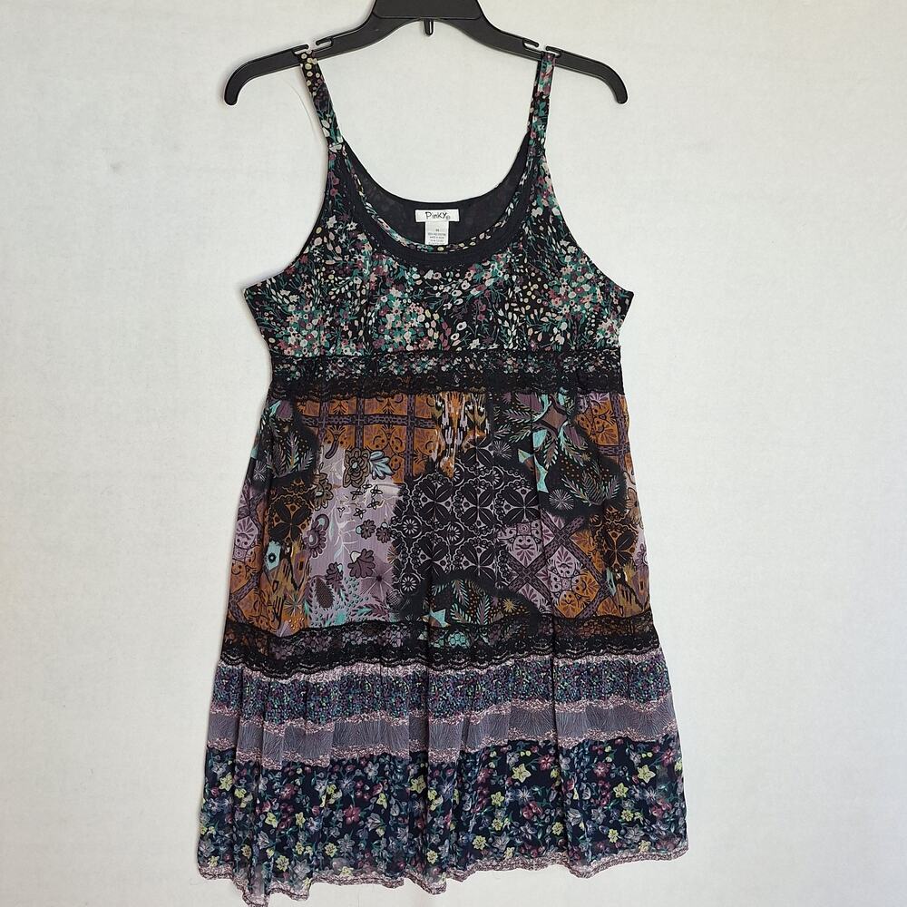 Bohemian Dark Fairy Dress Sz M Patchwork Floral Print Black Lace Witchy Whimsy